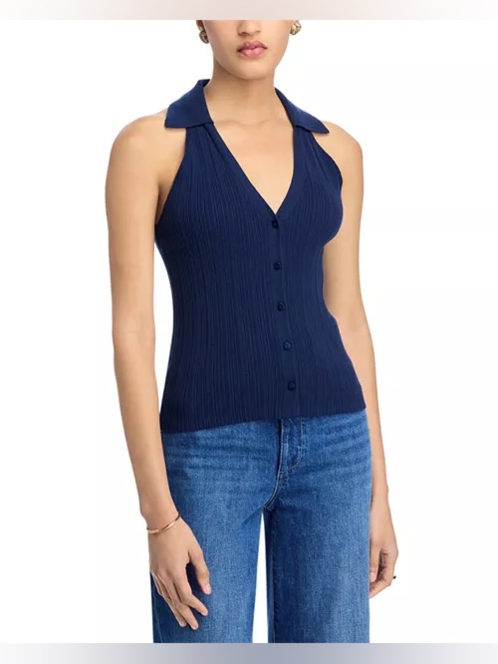 PAIGE Navy Ribbed Button-Front Sleeveless Collared Tank